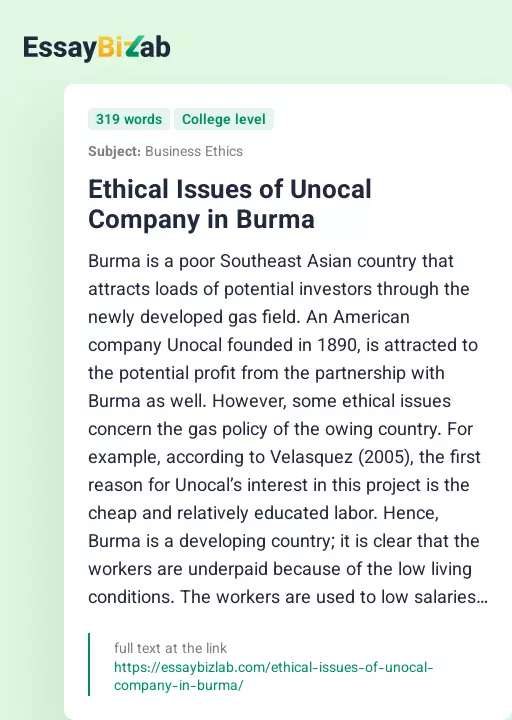 Ethical Issues of Unocal Company in Burma - Essay Preview