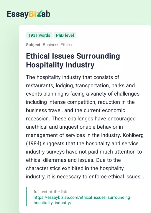 Ethical Issues Surrounding Hospitality Industry - Essay Preview