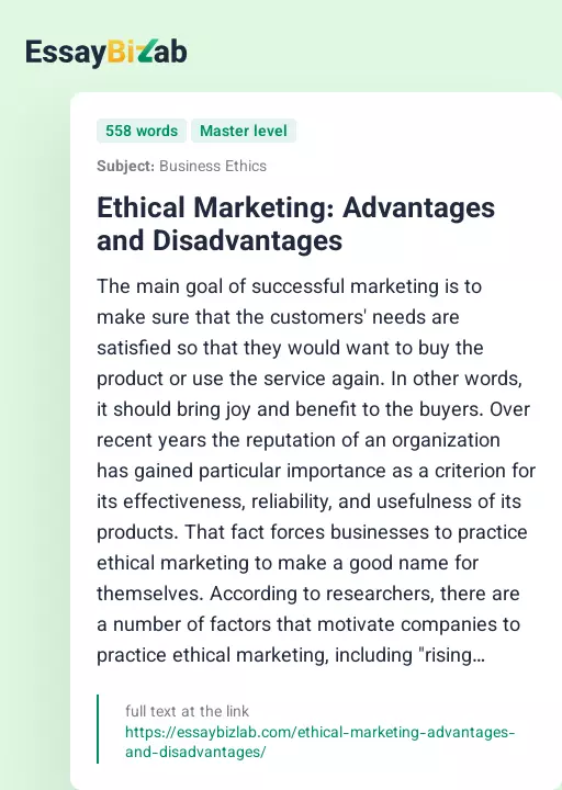 Ethical Marketing: Advantages and Disadvantages - Essay Preview