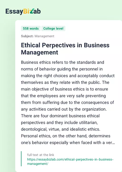 Ethical Perpectives in Business Management - Essay Preview