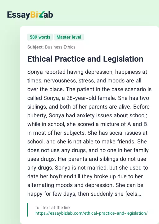 Ethical Practice and Legislation - Essay Preview