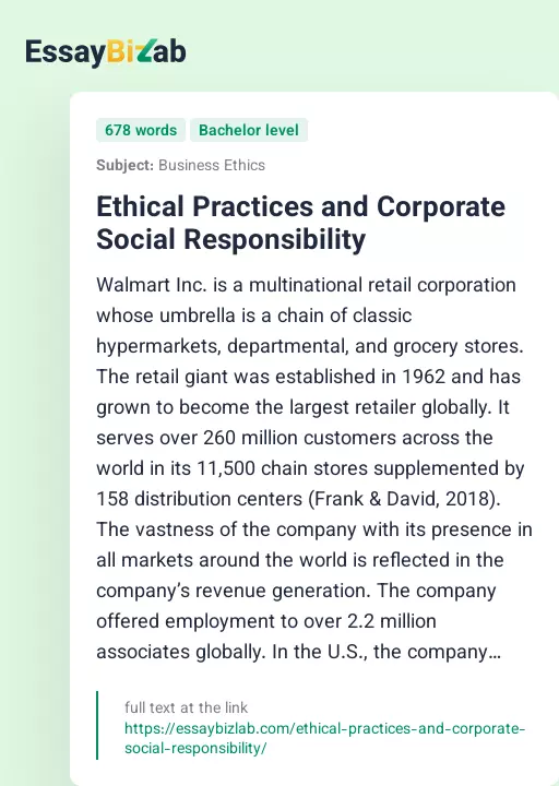 Ethical Practices and Corporate Social Responsibility - Essay Preview