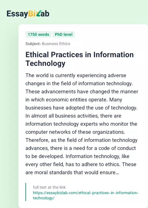 Ethical Practices in Information Technology - Essay Preview