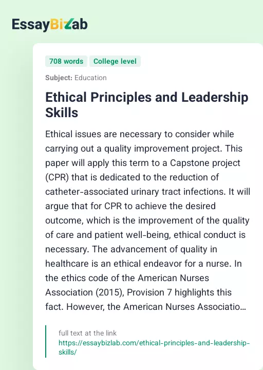 Ethical Principles and Leadership Skills - Essay Preview
