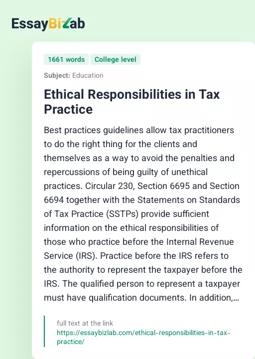 Ethical Responsibilities in Tax Practice - Essay Preview