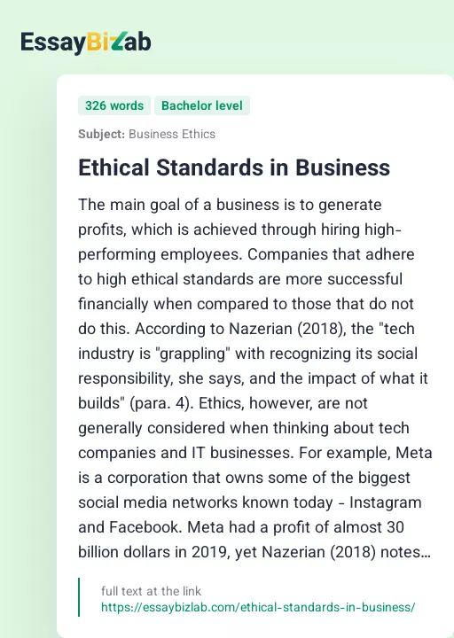 Ethical Standards in Business - Essay Preview