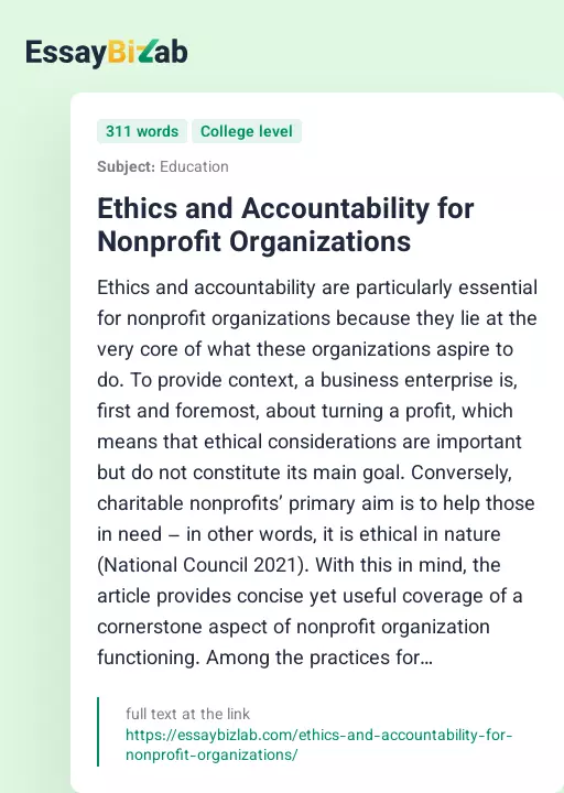 Ethics and Accountability for Nonprofit Organizations - Essay Preview