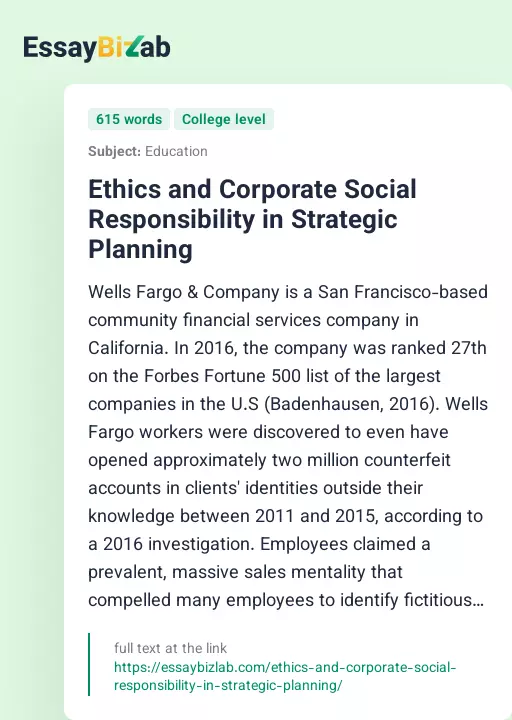 Ethics and Corporate Social Responsibility in Strategic Planning - Essay Preview