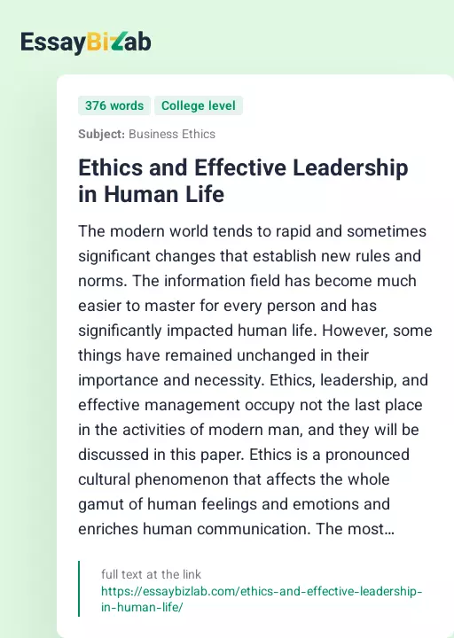 Ethics and Effective Leadership in Human Life - Essay Preview