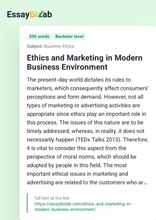 Ethics and Marketing in Modern Business Environment - Essay Preview