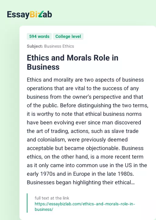 Ethics and Morals Role in Business - Essay Preview