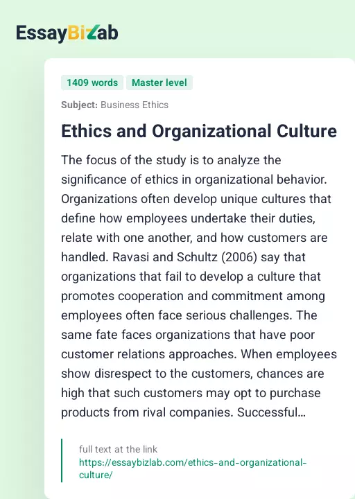 Ethics and Organizational Culture - Essay Preview