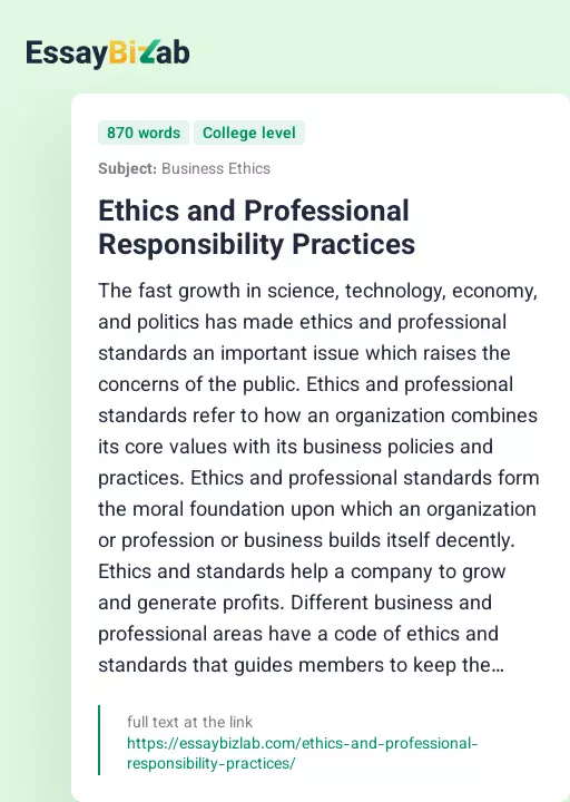 Ethics and Professional Responsibility Practices - Essay Preview