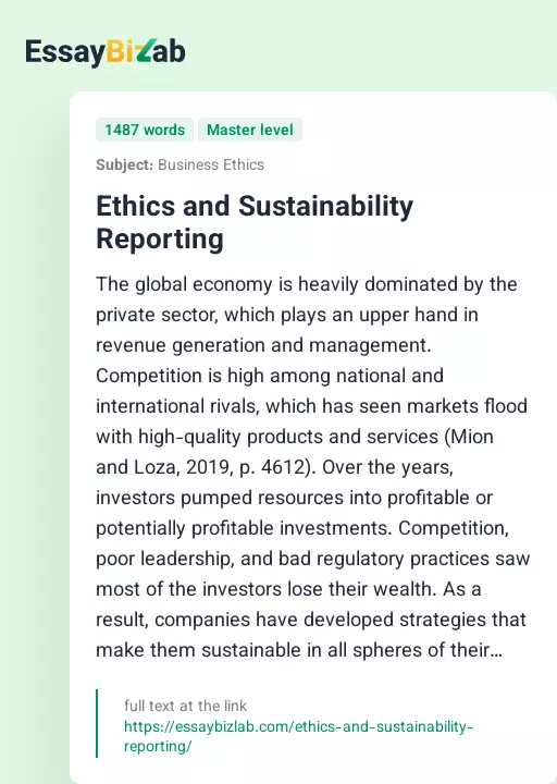 Ethics and Sustainability Reporting - Essay Preview