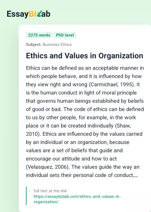 Ethics and Values in Organization - Essay Preview