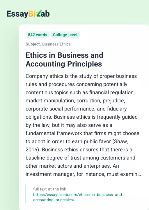Ethics in Business and Accounting Principles - Essay Preview
