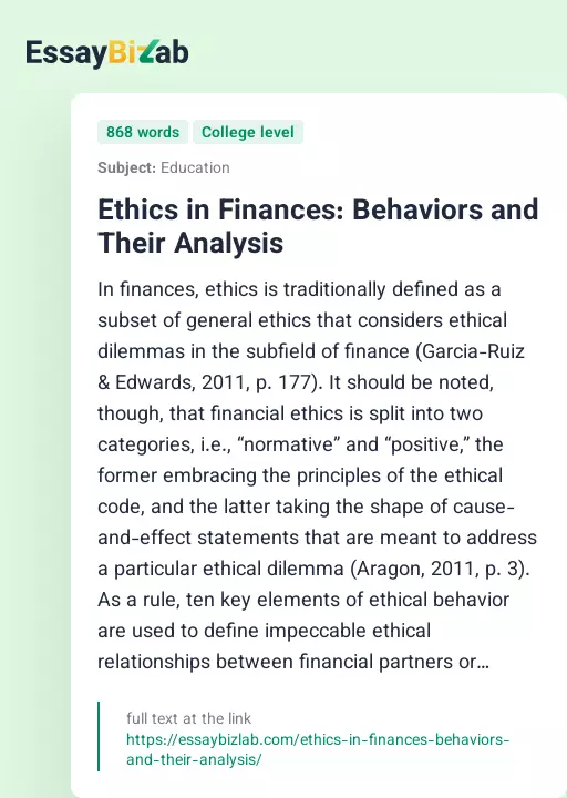 Ethics in Finances: Behaviors and Their Analysis - Essay Preview