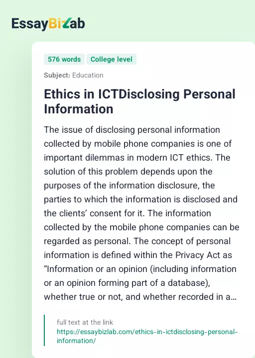 Ethics in ICTDisclosing Personal Information - Essay Preview