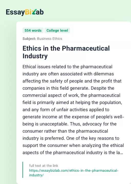 Ethics in the Pharmaceutical Industry - Essay Preview