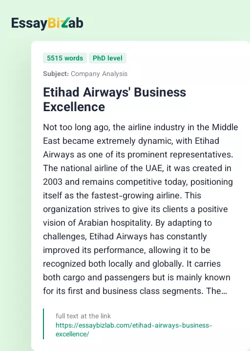 Etihad Airways' Business Excellence - Essay Preview
