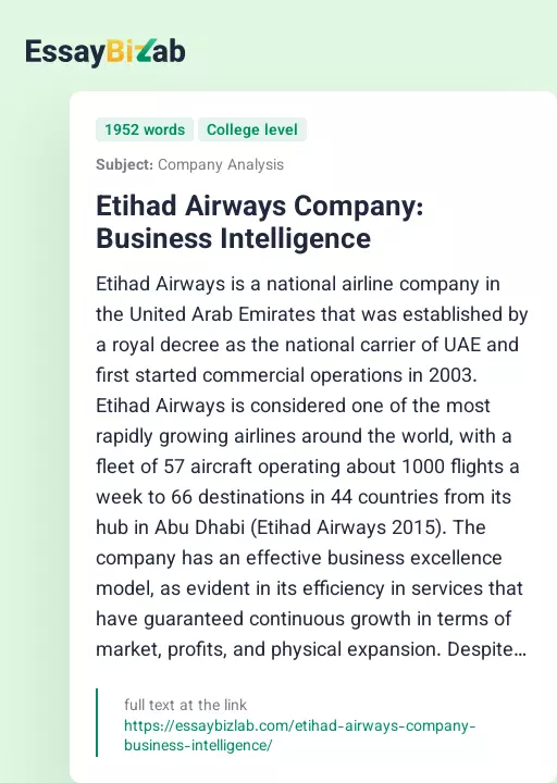 Etihad Airways Company: Business Intelligence - Essay Preview