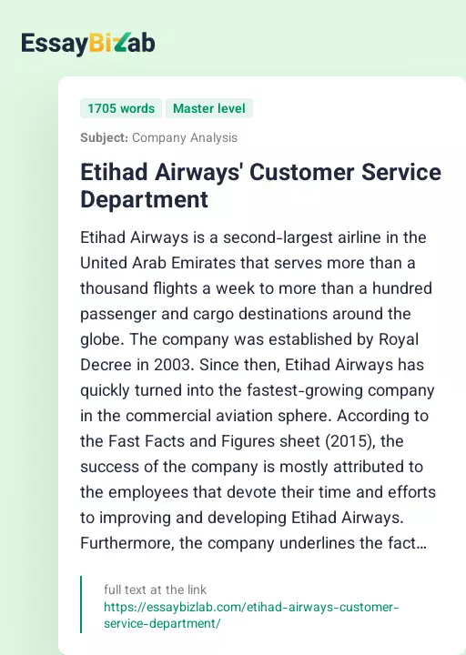 Etihad Airways' Customer Service Department - Essay Preview
