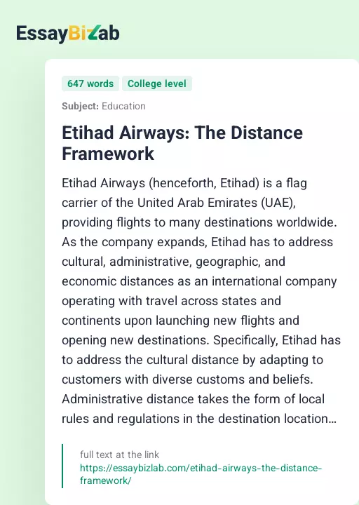 Etihad Airways: The Distance Framework - Essay Preview