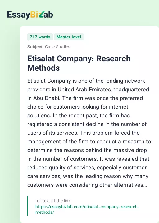 Etisalat Company: Research Methods - Essay Preview