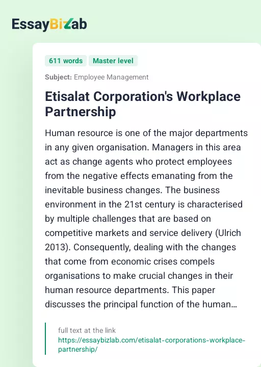 Etisalat Corporation's Workplace Partnership - Essay Preview