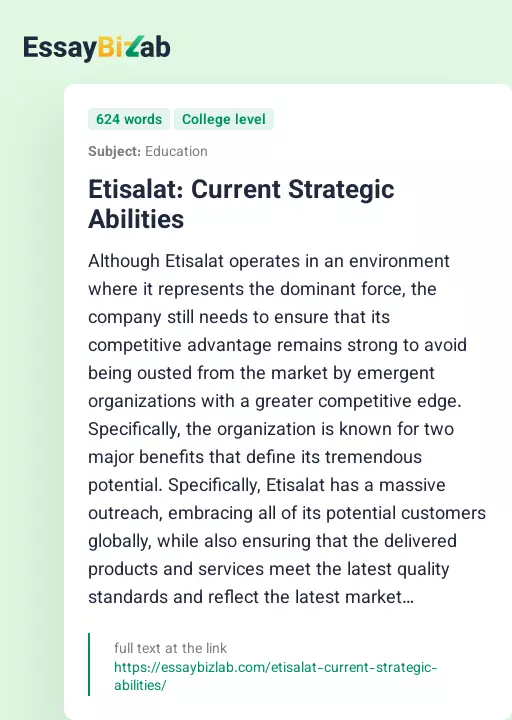Etisalat: Current Strategic Abilities - Essay Preview