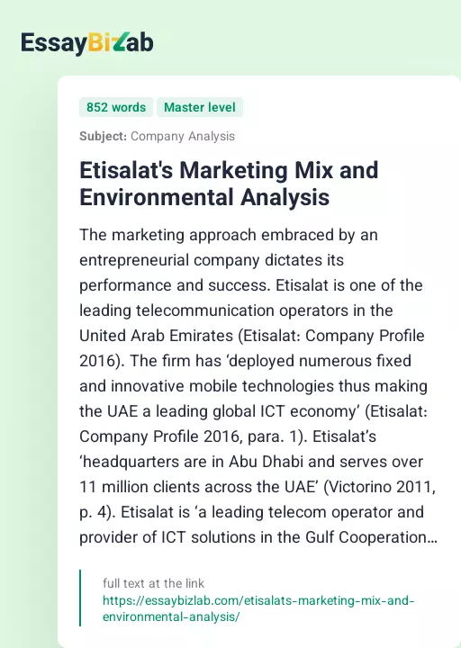 Etisalat's Marketing Mix and Environmental Analysis - Essay Preview