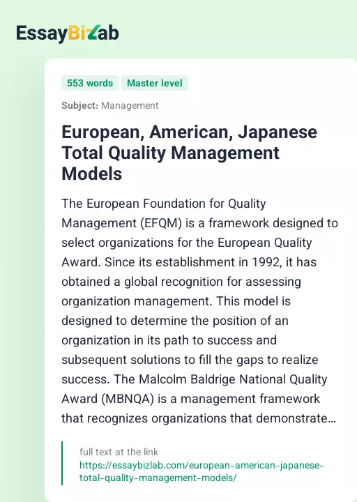 European, American, Japanese Total Quality Management Models - Essay Preview