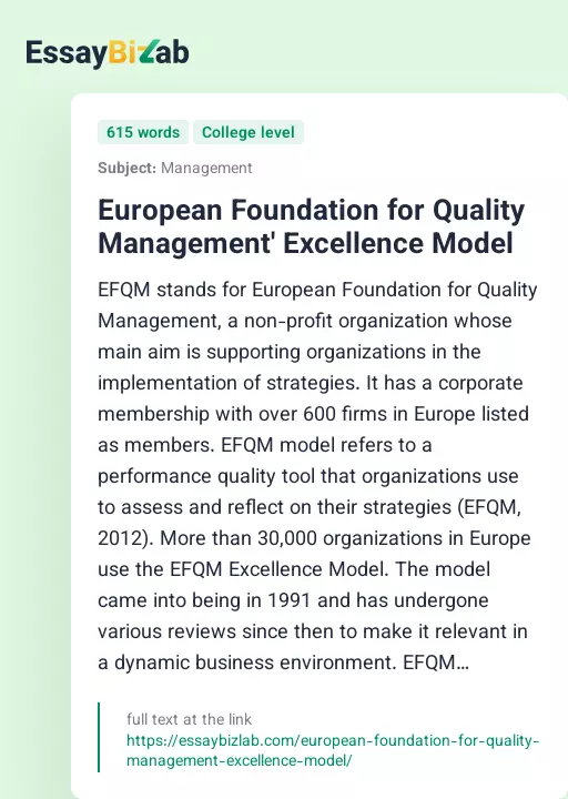 European Foundation for Quality Management' Excellence Model - Essay Preview