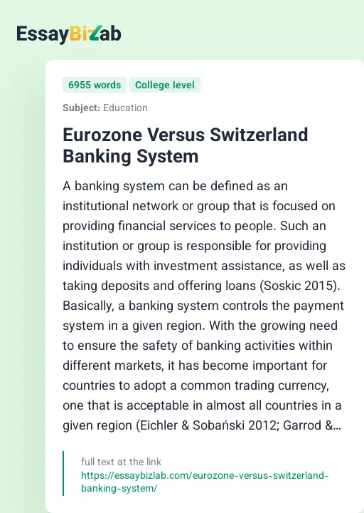 Eurozone Versus Switzerland Banking System - Essay Preview