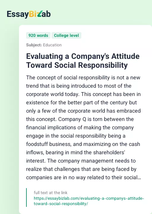 Evaluating a Company's Attitude Toward Social Responsibility - Essay Preview