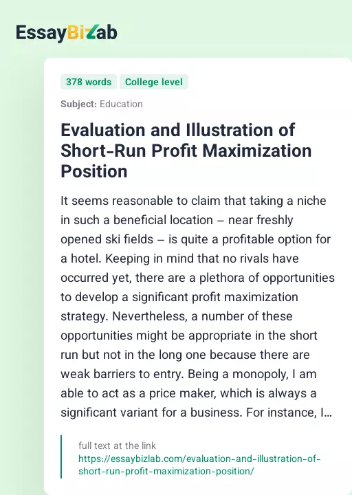 Evaluation and Illustration of Short-Run Profit Maximization Position - Essay Preview