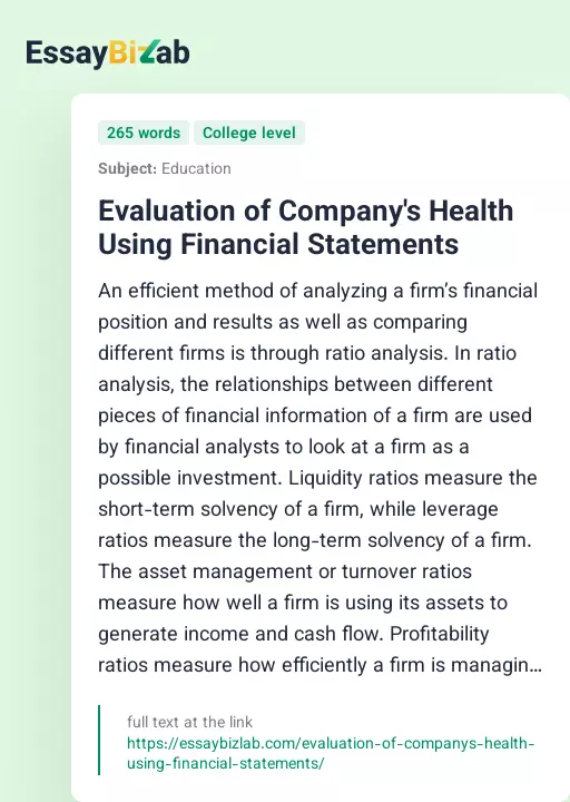 Evaluation of Company's Health Using Financial Statements - Essay Preview