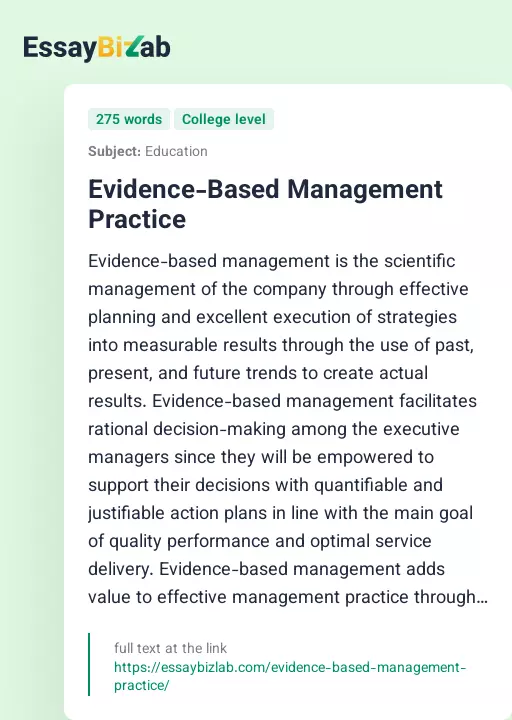 Evidence-Based Management Practice - Essay Preview
