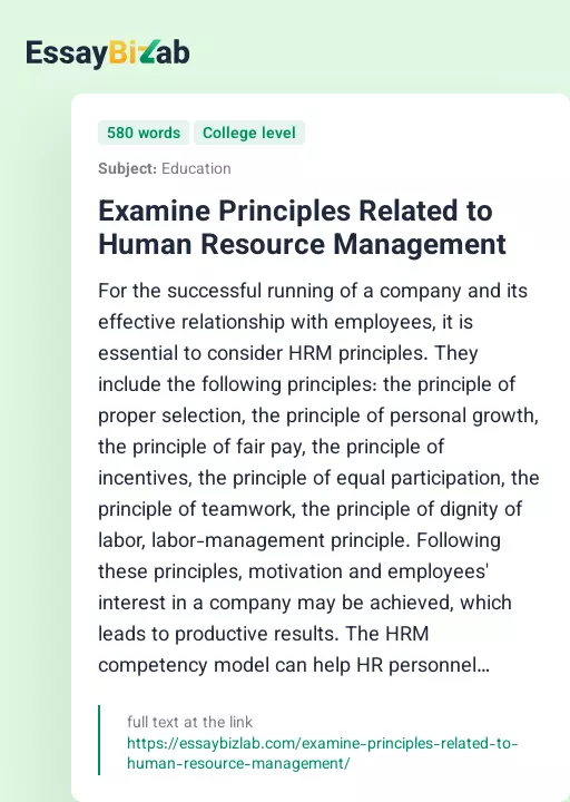 Examine Principles Related to Human Resource Management - Essay Preview