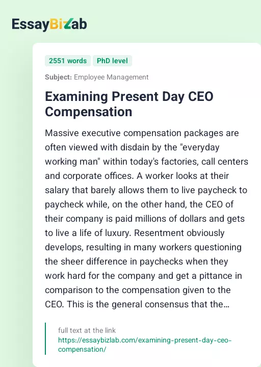 Examining Present Day CEO Compensation - Essay Preview