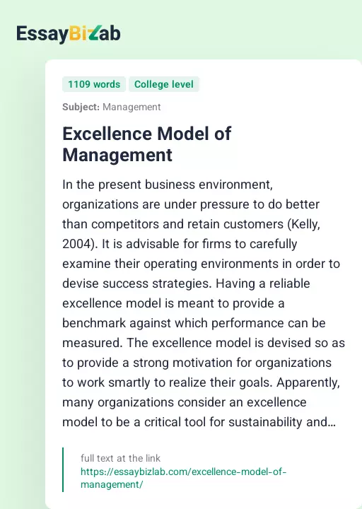 Excellence Model of Management - Essay Preview