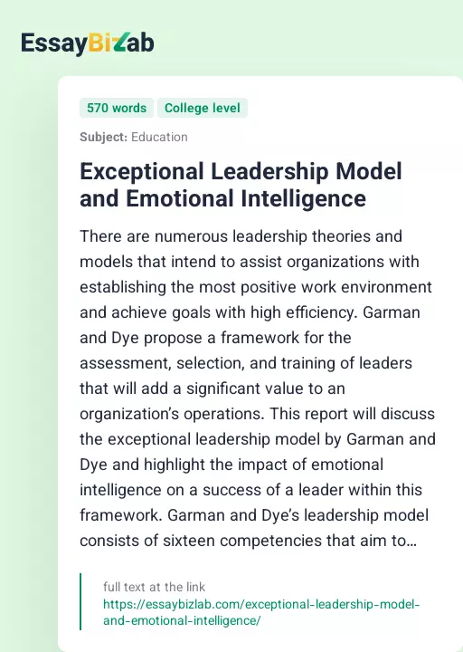 Exceptional Leadership Model and Emotional Intelligence - Essay Preview