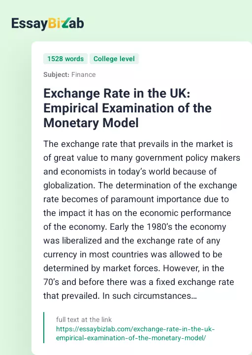 Exchange Rate in the UK: Empirical Examination of the Monetary Model - Essay Preview