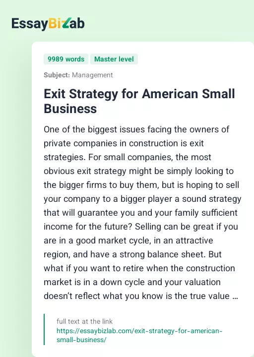 Exit Strategy for American Small Business - Essay Preview