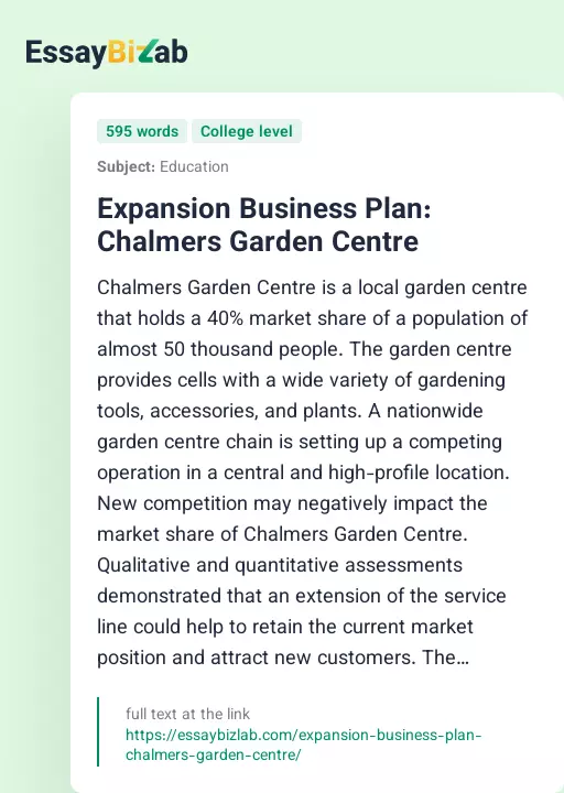 Expansion Business Plan: Chalmers Garden Centre - Essay Preview
