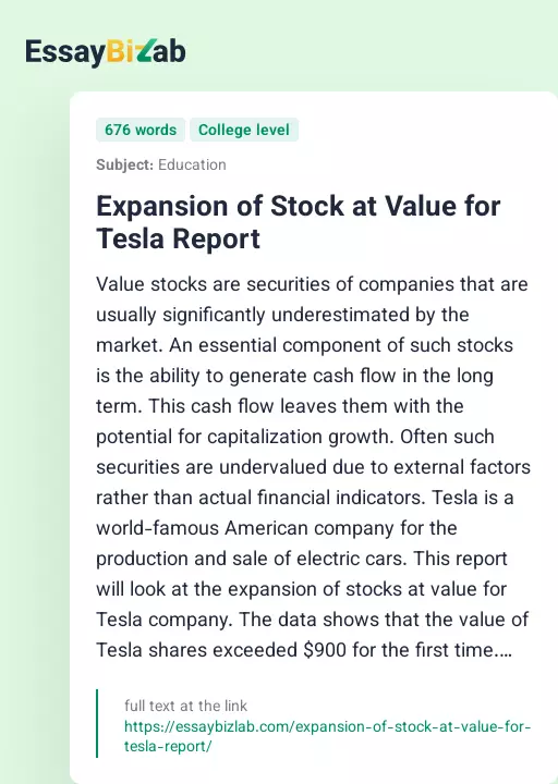 Expansion of Stock at Value for Tesla Report - Essay Preview