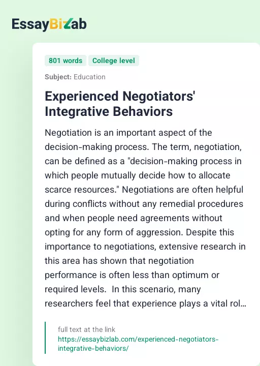 Experienced Negotiators' Integrative Behaviors - Essay Preview