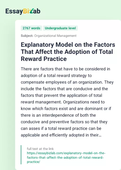 Explanatory Model on the Factors That Affect the Adoption of Total Reward Practice - Essay Preview