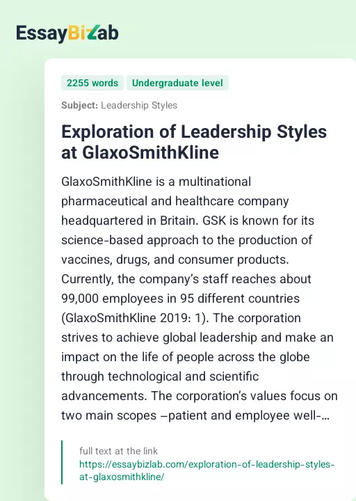 Exploration of Leadership Styles at GlaxoSmithKline - Essay Preview