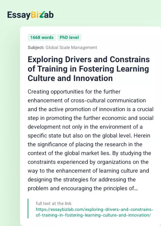 Exploring Drivers and Constrains of Training in Fostering Learning Culture and Innovation - Essay Preview